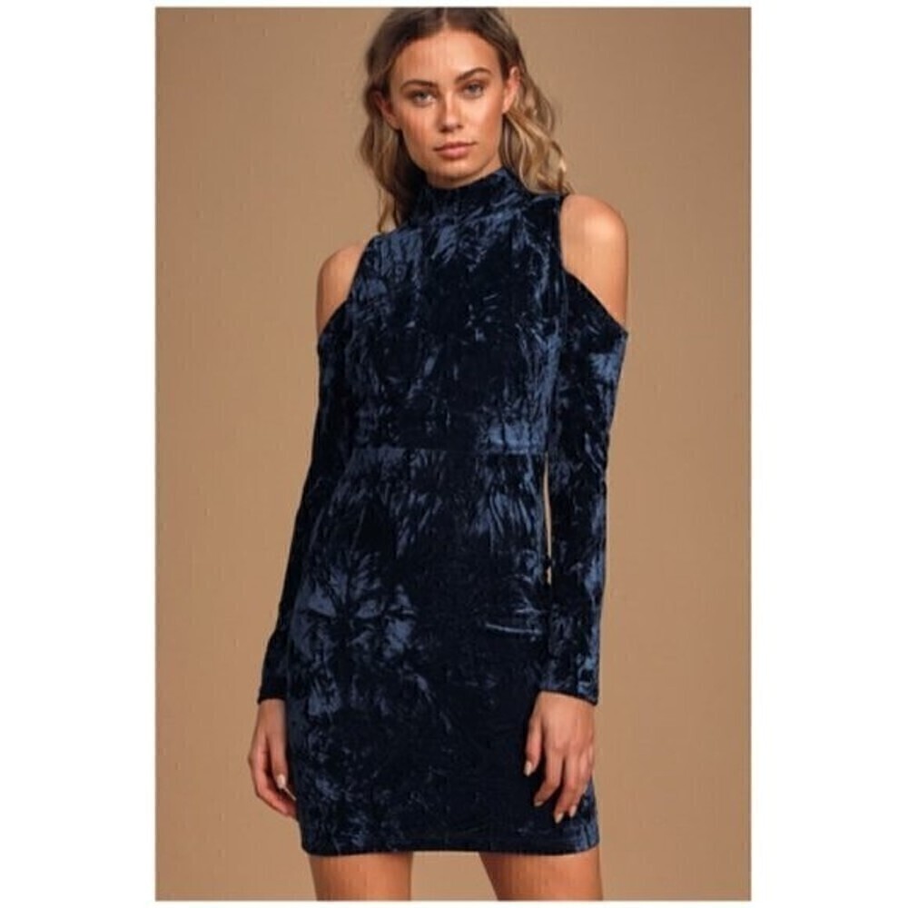 Lulus A Little Crush Navy Blue Velvet Cold Shoulder Mini Bodycon Dress Size XS